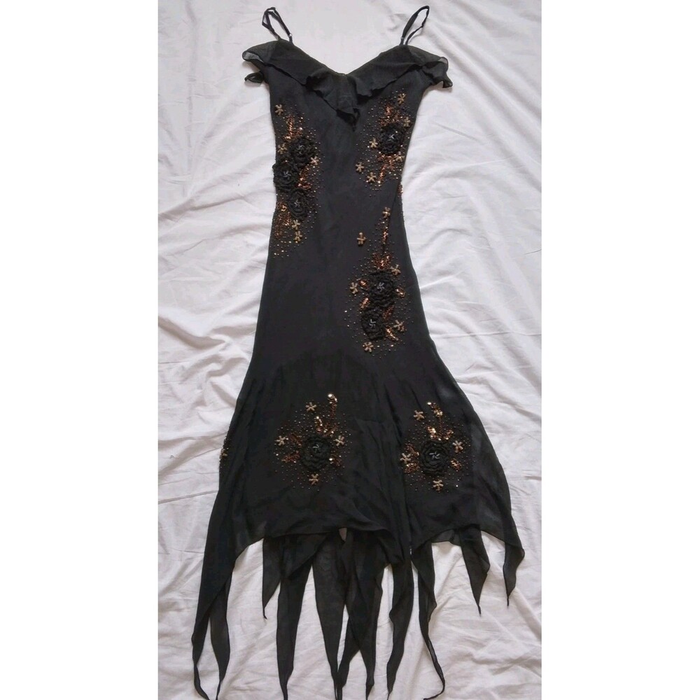 VTG 90s Y2K Lillie Rubin Black Fairycore Silk Floral Slip Asymmetrical Dress 4